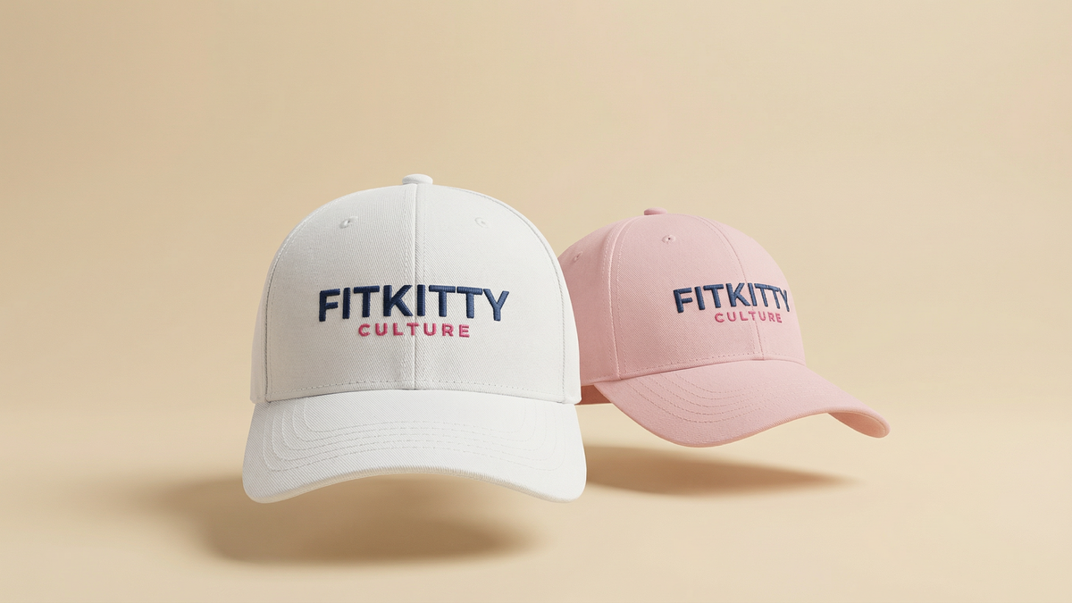 White Fitkitty Logo baseball cap, casual hat with adjustable strap, featuring the brand's logo on the front.