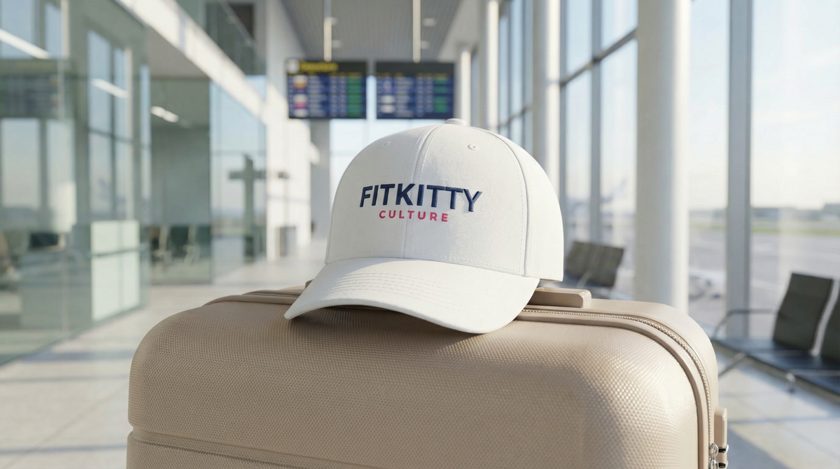 White Fitkitty Logo Baseball Cap, casual hat by Fitkitty Culture Athleisure Wear, perfect for sports or everyday style.