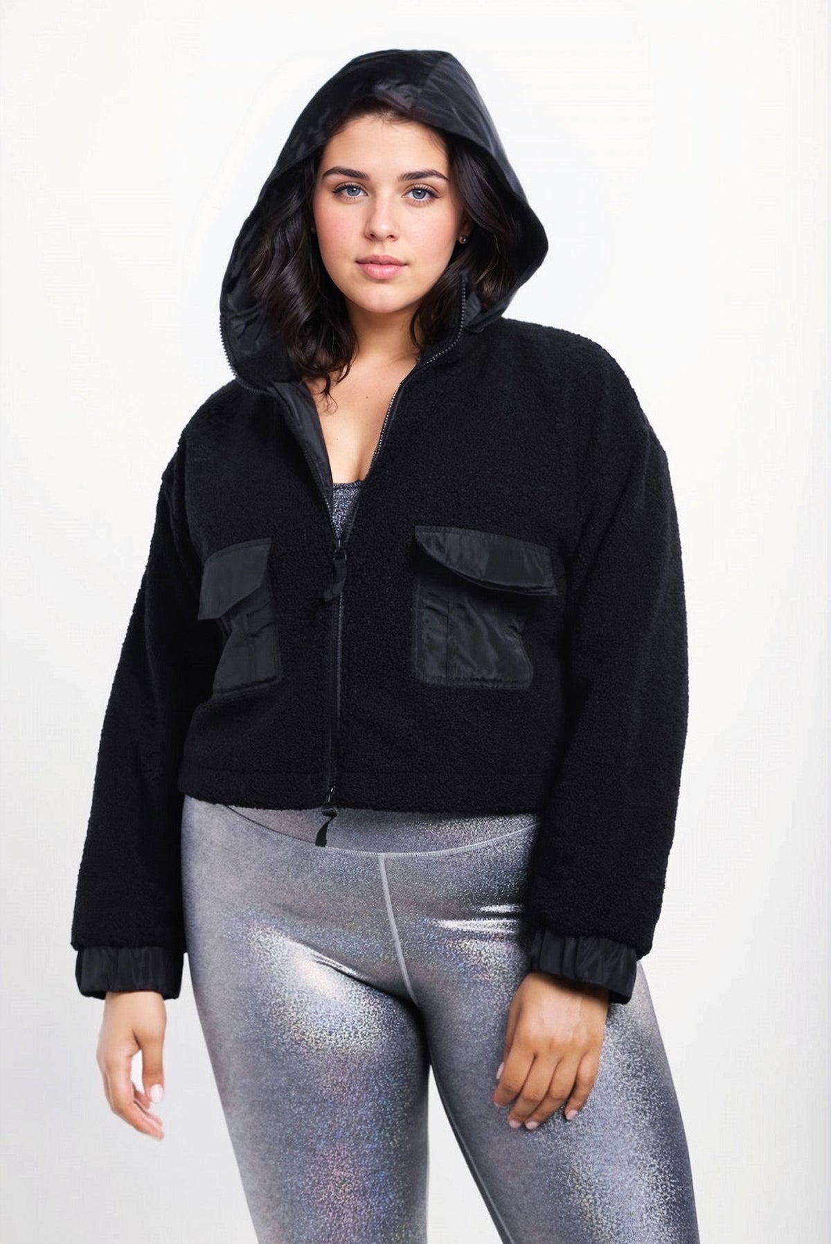 Black CURVY Sherpa Dreams cropped hooded jacket by Fitkitty Culture, featuring cozy sherpa fabric and a stylish cropped fit for women.
