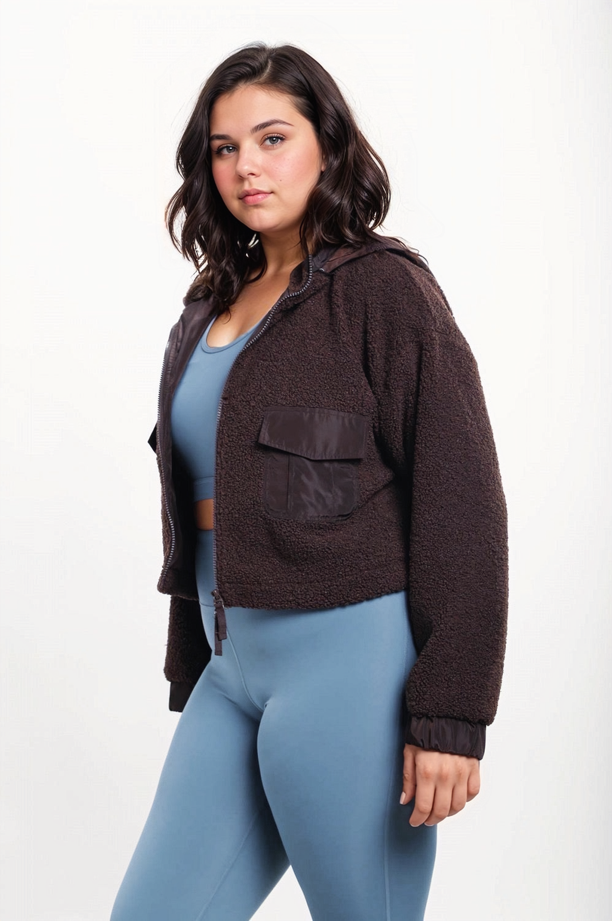 Black CURVY Sherpa Dreams cropped hooded jacket by Fitkitty Culture Athleisure Wear, cozy fleece-lined women's jacket.