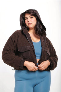 Black CURVY Sherpa Dreams Cropped Hooded Jacket by Fitkitty Culture, cozy fleece-lined women's jacket with hood and cropped fit.