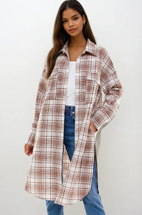 Black oversized plaid shacket jacket from Fitkitty Culture, casual long jacket with a relaxed fit for women.