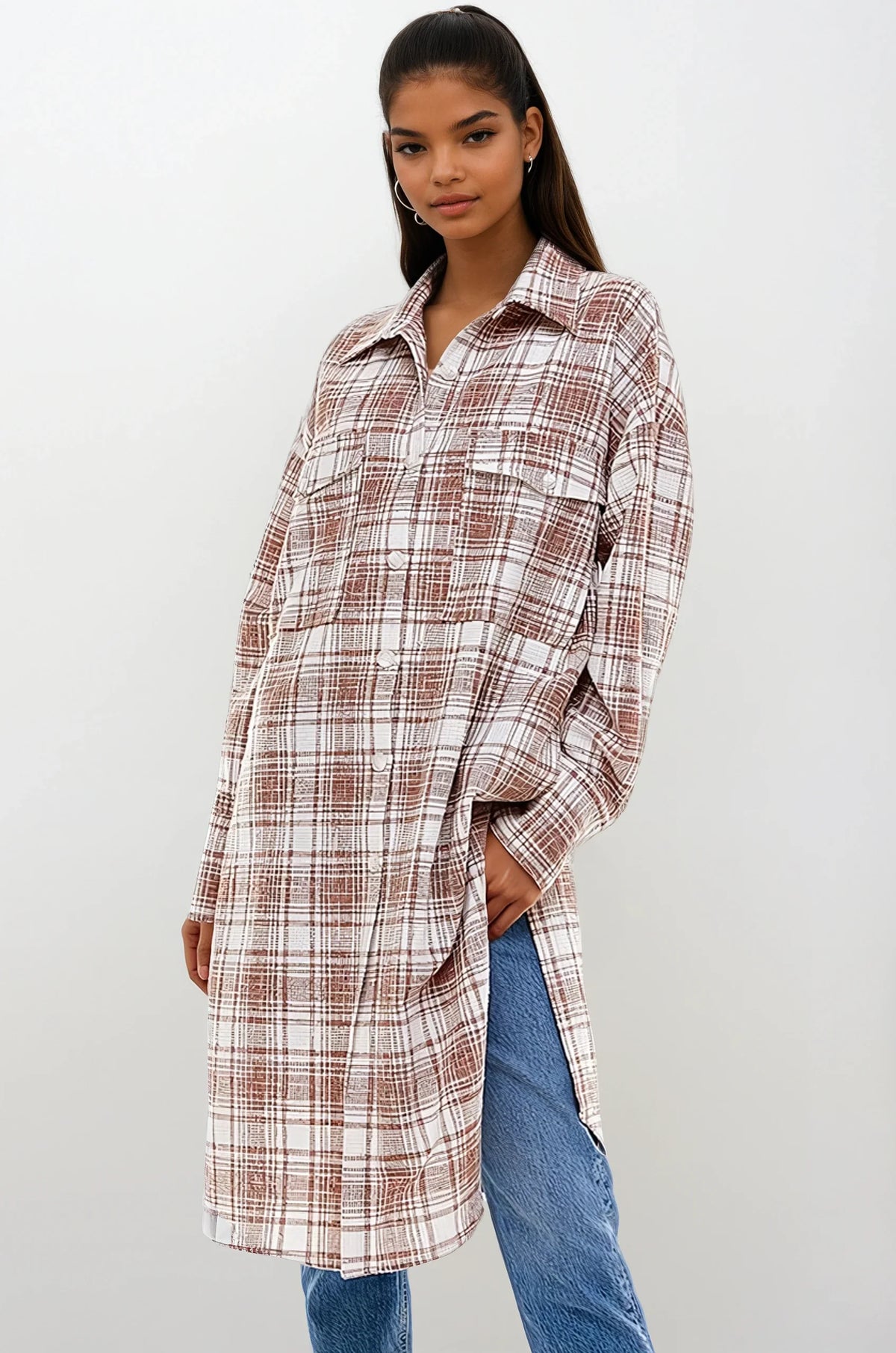 Black oversized plaid shacket jacket from Fitkitty Culture, perfect for casual wear and layered style.