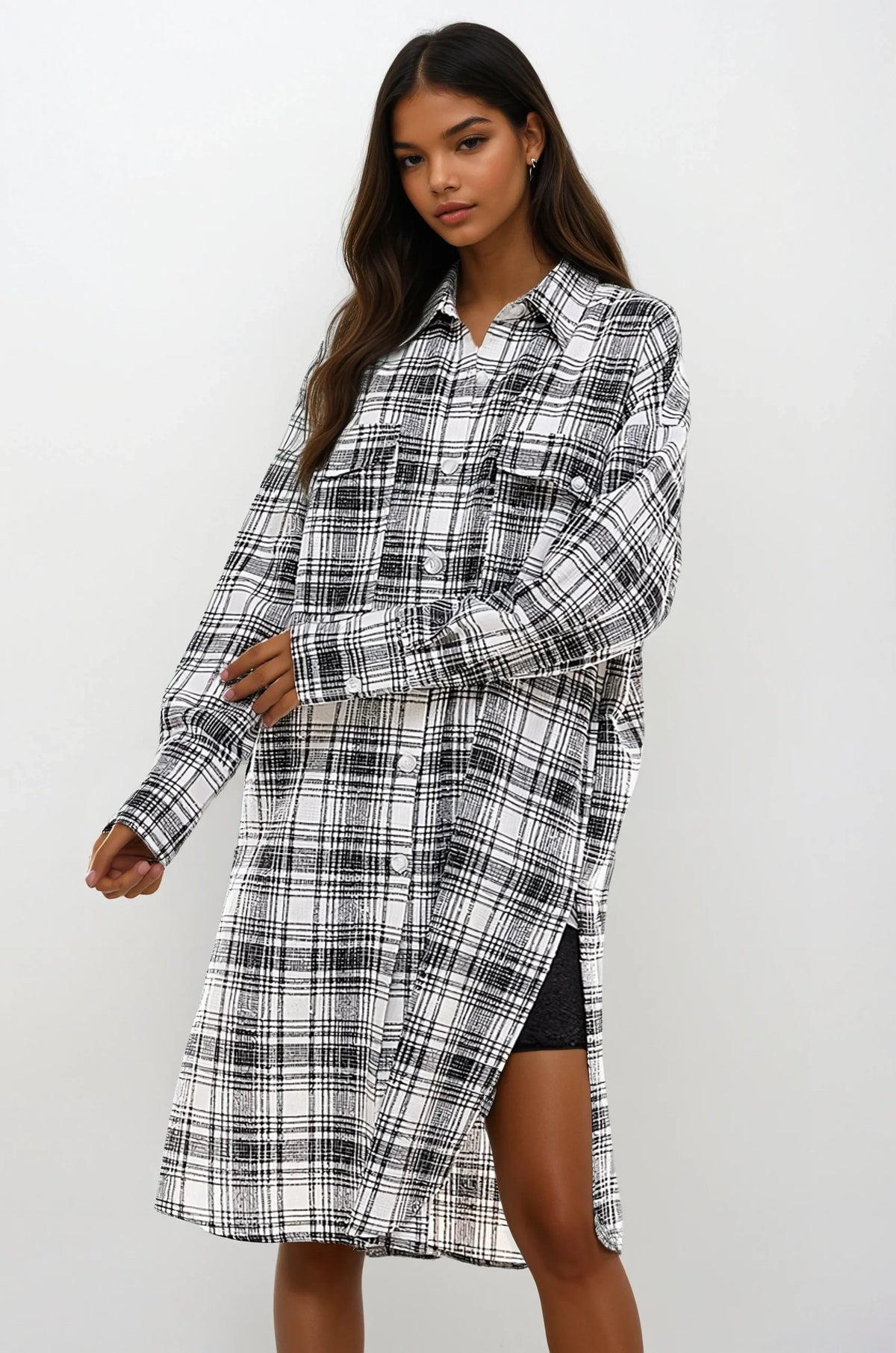 Black oversized plaid shacket jacket by Fitkitty Culture, women's long casual outerwear with a relaxed fit.