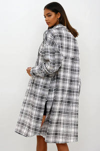 Black oversized long plaid shacket jacket by Fitkitty Culture Athleisure Wear, perfect for casual and yoga-inspired outfits.