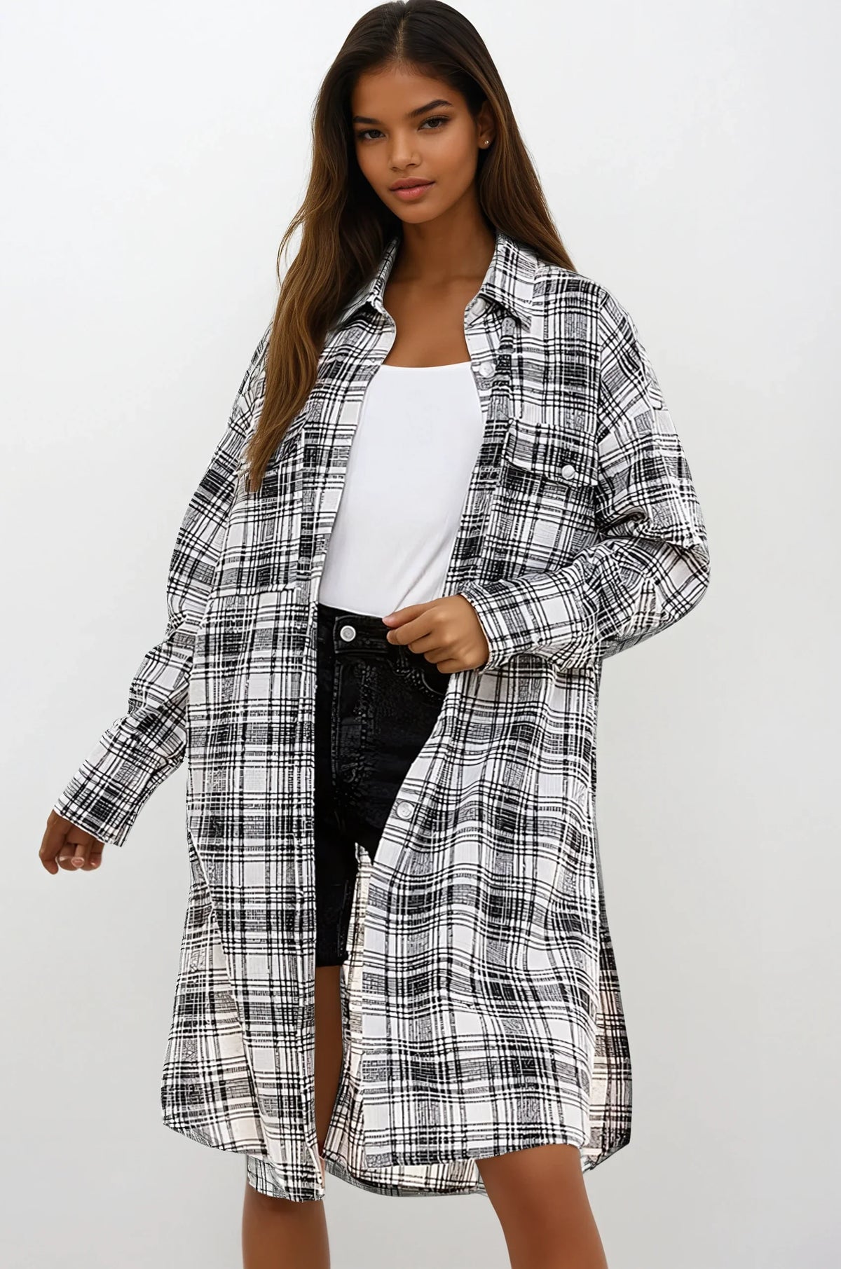 Black oversized plaid shacket jacket by Fitkitty Culture, casual long shirt-jacket for women in extra small size.