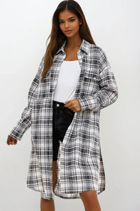 Black oversized plaid shacket jacket by Fitkitty Culture, casual long shirt-jacket for women in extra small size.