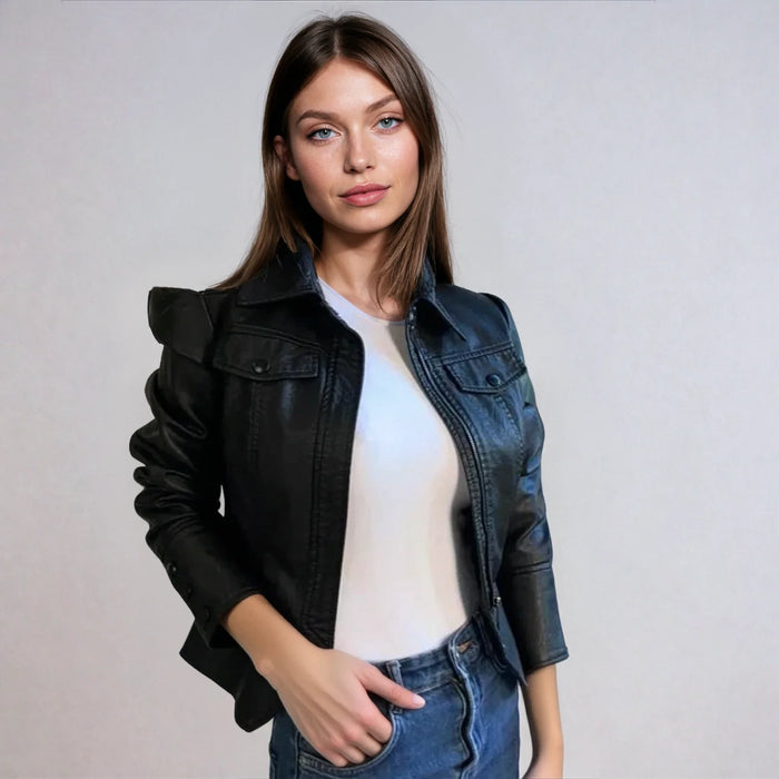 Black vegan leather peplum jacket for women by Fitkitty Culture, stylish and ready-to-wear, perfect for casual or athleisure outfits.