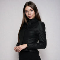 Black vegan leather peplum jacket for women by Fitkitty Culture Athleisure Wear, stylish and ready to wear.