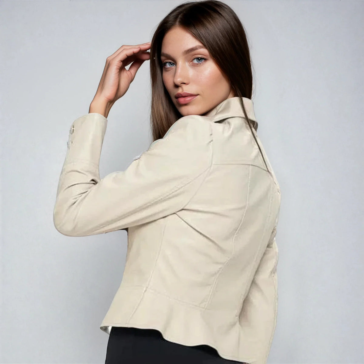 Black vegan leather peplum jacket for women by Fitkitty Culture, stylishly ready-to-wear, perfect for athleisure or casual outfits.