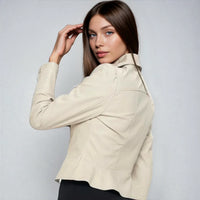Black vegan leather peplum jacket for women by Fitkitty Culture, stylishly ready-to-wear, perfect for athleisure or casual outfits.