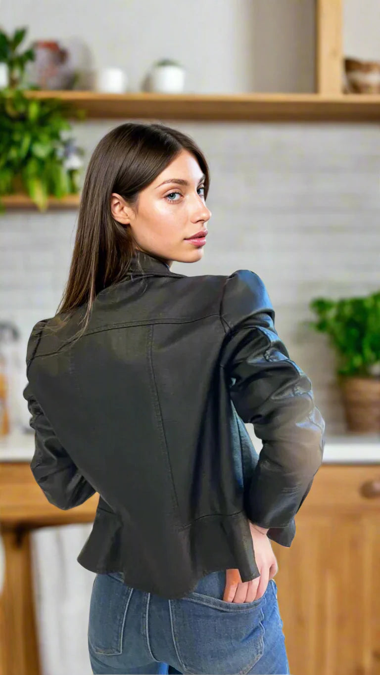 Black vegan leather peplum jacket for women, stylish Fitkitty Culture Athleisure Wear jacket ready in 5, perfect for casual or athletic wear.
