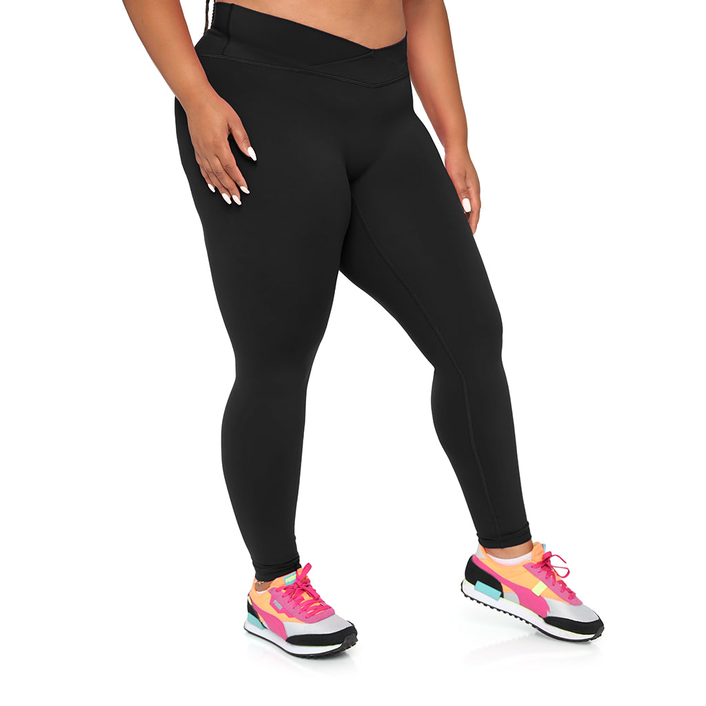 Black SmoothFit™ Crossover Leggings by Fitkitty Culture, women's athletic leggings with a sleek crossover design for yoga and active wear.