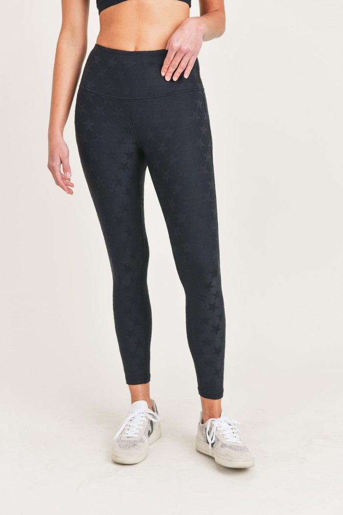 Black Joystar high waist leggings by Fitkitty Culture, designed for yoga and active wear, shown on a small size model.