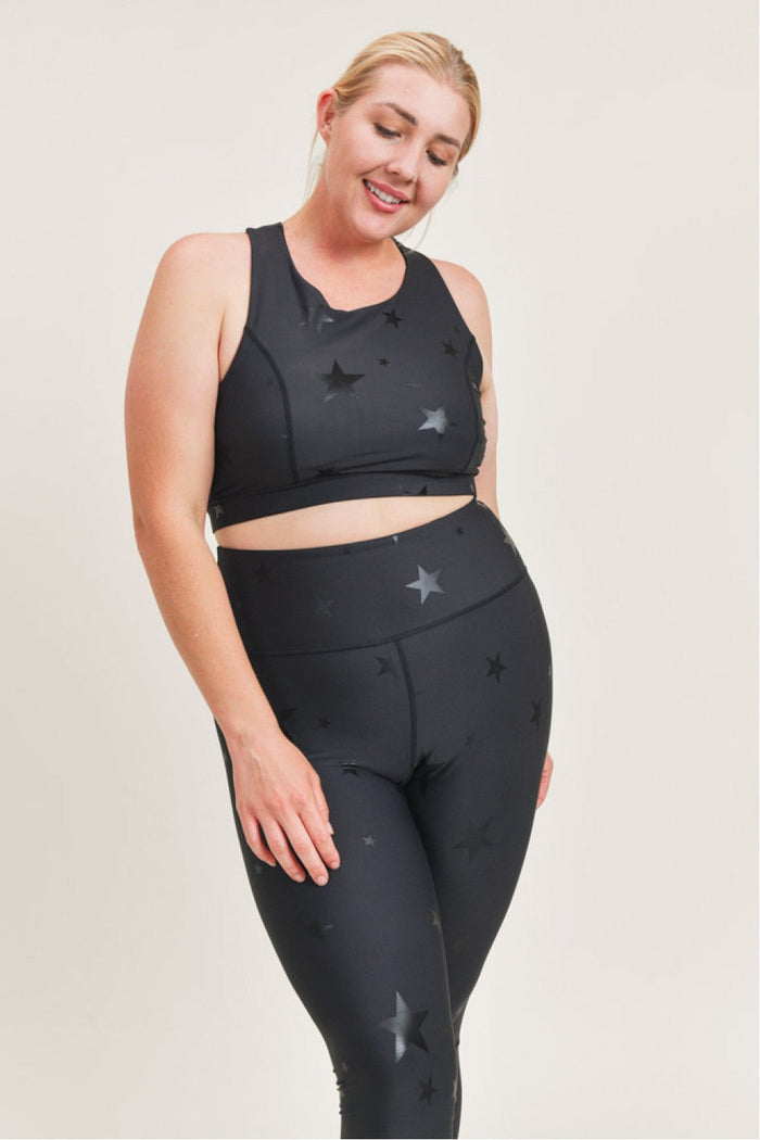 Black Starlight High Waisted Leggings by Fitkitty Culture, women's yoga and athleisure wear with a sleek fit and starry design.