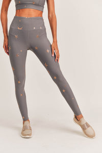 Black Starlight High Waisted Leggings by Fitkitty Culture, women's yoga and athleisure wear, showing a close-up of the fabric and fit.