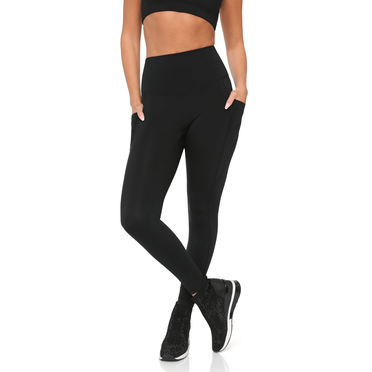 Black Fitkitty Culture BodyLove high-rise leggings, stretchy workout leggings designed for women’s activewear and yoga essentials.