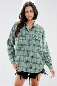 Plaid Serenity FitKitty Culture™ shirt, a stylish women’s casual top featuring a small plaid pattern and comfortable fit.