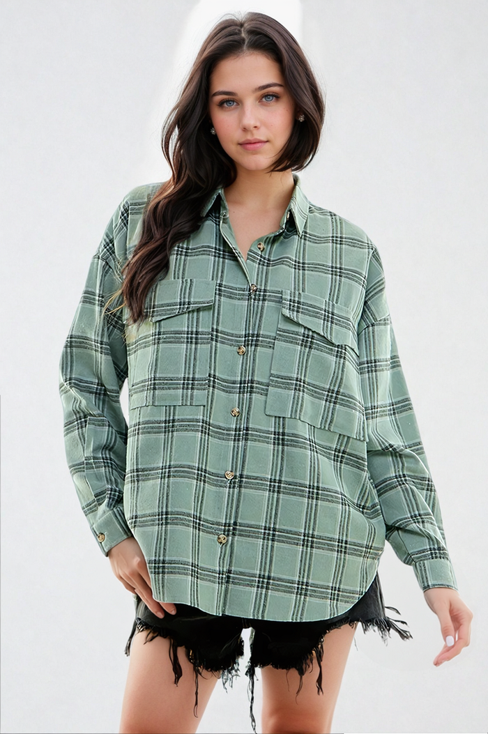 Plaid Serenity FitKitty Culture™ shirt, a stylish women’s casual top featuring a small plaid pattern and comfortable fit.