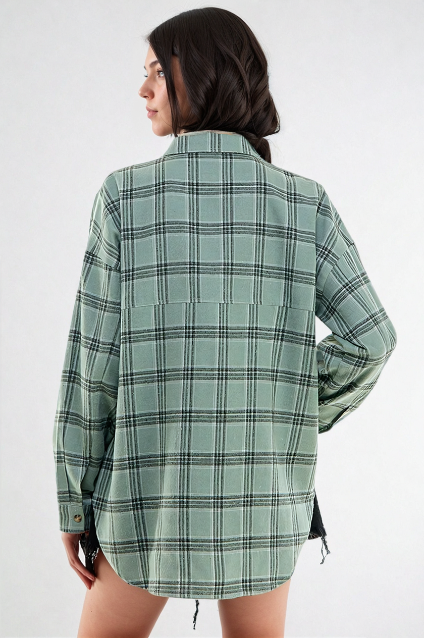 Plaid Serenity Shirt by FitKitty Culture™ for women, stylish casual shirt with a small plaid pattern, perfect for athleisure or everyday wear.