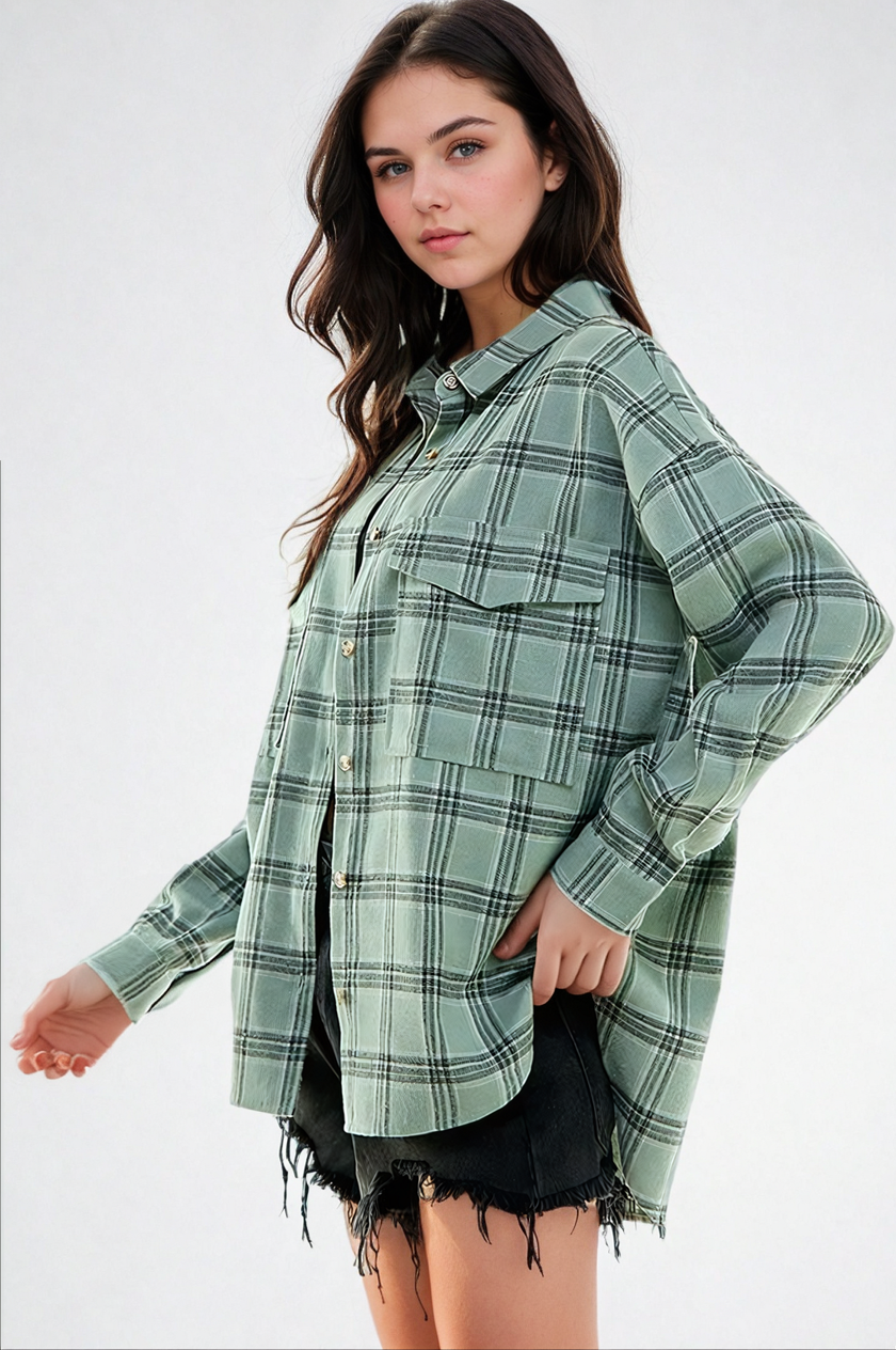 Plaid Serenity Shirt by FitKitty Culture™, a stylish women's shirt with a checkered pattern perfect for casual wear.