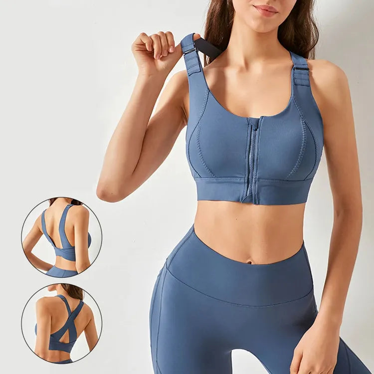 Black Fitkitty Culture high-impact athletic sports bra with front zipper, designed for intense workouts and athletic support.