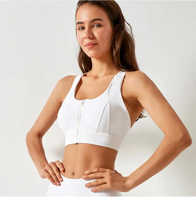 Black Fitkitty Culture athletic sports bra with front zipper, high-impact design, suitable for yoga and active wear.