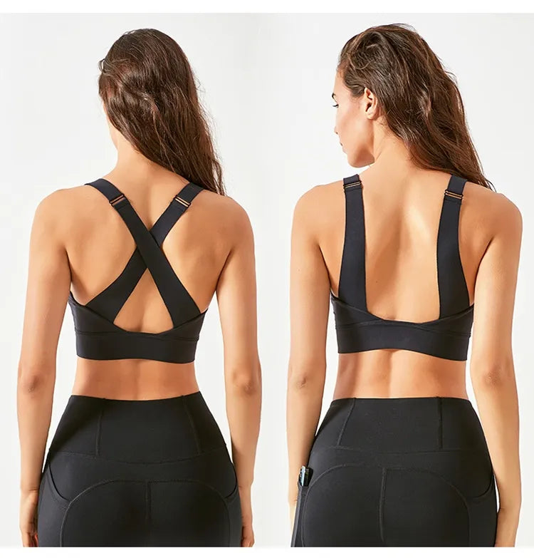 Black Fitkitty Culture athletic sports bra with front zipper, high-impact support, designed for women's yoga and workout wear.
