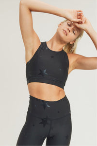 Black Fitkitty Culture Starlight Star Foil Sports Bra for women, featuring a sleek design and comfortable fit for active wear.