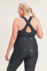 Black Starlight Star Foil Sports Bra by Fitkitty Culture, women’s athletic wear with shiny star accents, ideal for yoga and exercise.