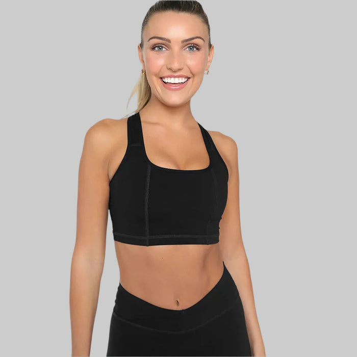 Black SmoothFit™ full coverage sports bra by Fitkitty Culture, designed for comfortable support during yoga and workouts.