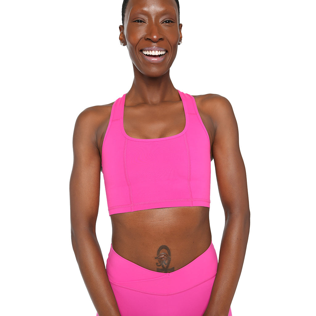 Black SmoothFit™ Full Coverage Sports Bra by Fitkitty Culture, showing its supportive design and wide straps for active wear.