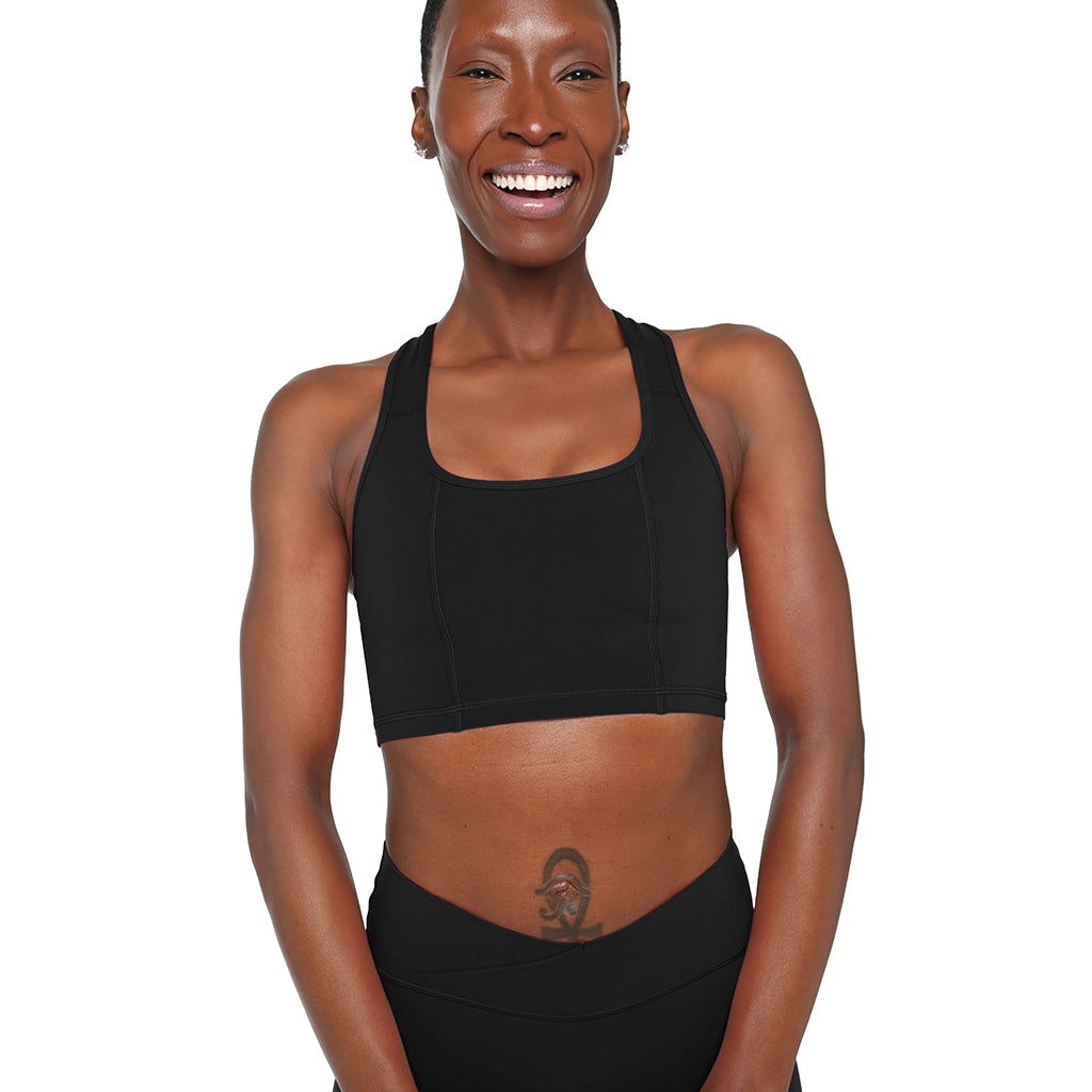 Black SmoothFit™ Full Coverage Sports Bra by Fitkitty Culture, designed for comfortable support during workouts.