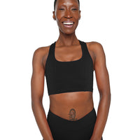 Black SmoothFit™ Full Coverage Sports Bra by Fitkitty Culture, designed for comfortable support during workouts.