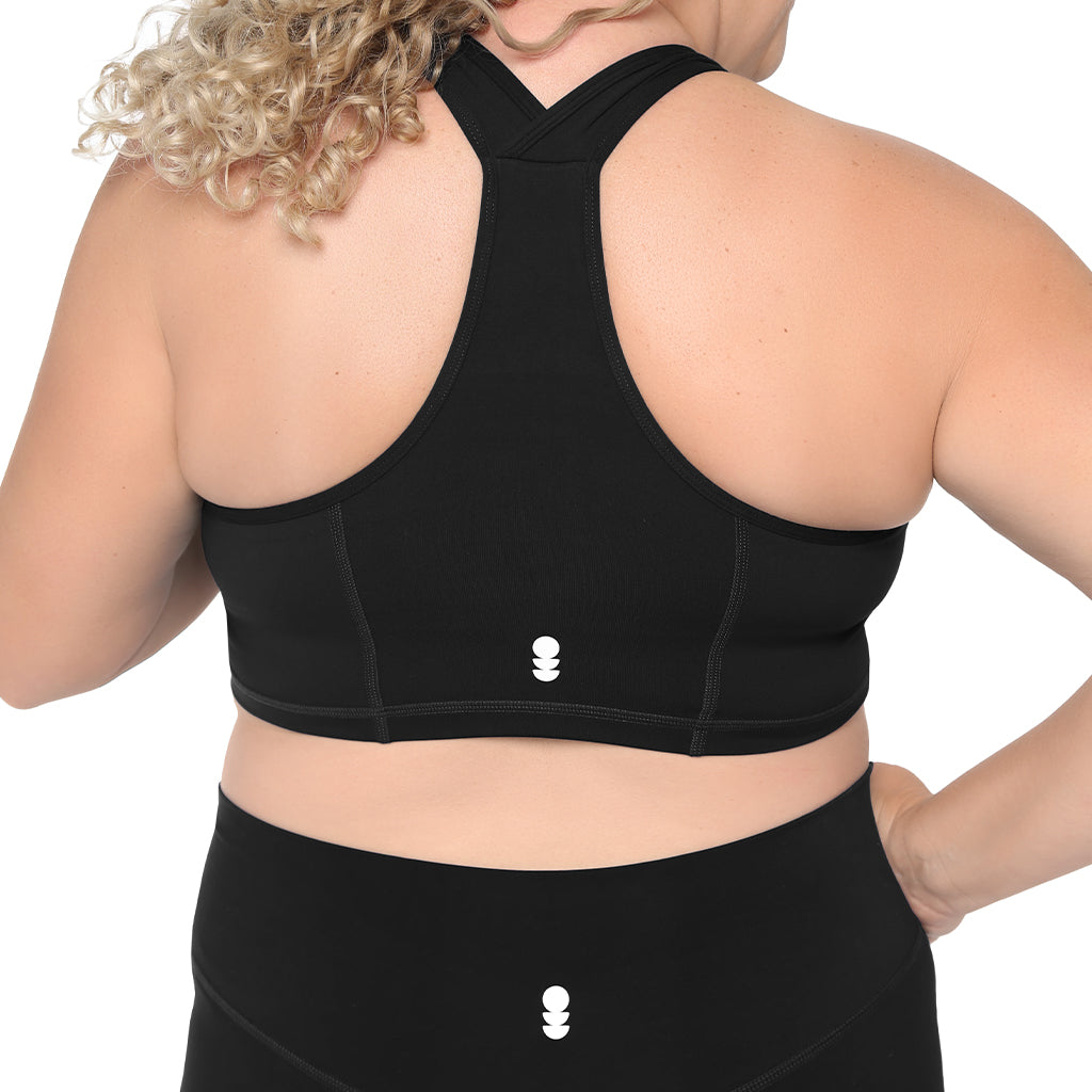 Black SmoothFit™ Full Coverage Sports Bra by Fitkitty Culture, designed for support and comfort during workouts.