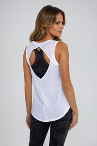 Black sheer striped mesh active tank top with a cut-out back, designed for women’s yoga and athleisure wear by Fitkitty Culture.