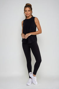Black sheer striped mesh active tank top with cut-out back from Fitkitty Culture Athleisure Wear, designed for yoga and active wear.