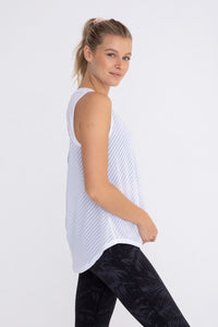 Black sheer striped mesh active tank top with cut-out back, designed for women’s yoga and athleisure wear by Fitkitty Culture.