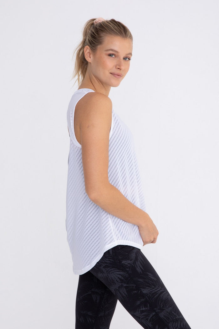 Black sheer striped mesh active tank top with cut-out back, designed for women’s yoga and athleisure wear by Fitkitty Culture.