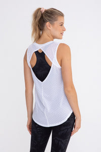Black sheer striped mesh active tank top with cut-out back from Fitkitty Culture Athleisure Wear, perfect for yoga and activewear.