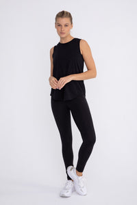 Black sheer striped mesh active tank top with cut-out back by Fitkitty Culture, perfect for yoga and athleisure wear.