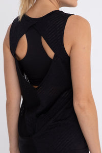 Black sheer striped mesh active tank top with cut-out back from Fitkitty Culture Athleisure Wear for women.