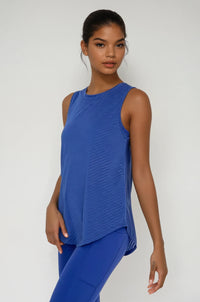 Blue sheer striped mesh active tank top with cut-out back from Fitkitty Culture, perfect for yoga and active wear.