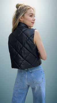 Vegan leather puffer vest by Fitkitty Culture, women's sleeveless vest with quilted design in carbon color for casual wear.