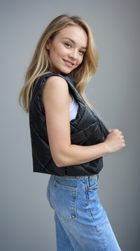 Vegan leather puffer vest from Fitkitty Culture Athleisure Wear, showcasing a small, stylish, carbon-colored puffer vest for women.