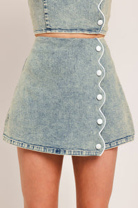 Flying Tomato Sweet Detail Denim Skort shorts with distressed denim and front pockets, casual summer style.