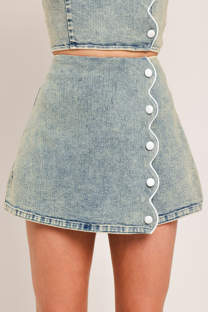 Flying Tomato Sweet Detail Denim Skort shorts with distressed denim and front pockets, casual summer style.