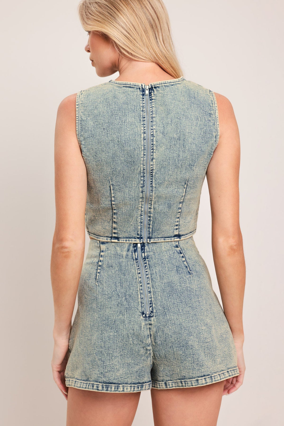 Flying Tomato Sweet Detail Denim Skort, casual shorts with front button and pocket details, in classic denim fabric.