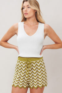 Olive and white crochet knit shorts by Flying Tomato featuring sunset stitch pattern and casual fit.