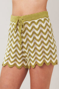 Olive white crochet knit shorts by Flying Tomato featuring a sunset stitch pattern, casual and lightweight for warm weather.